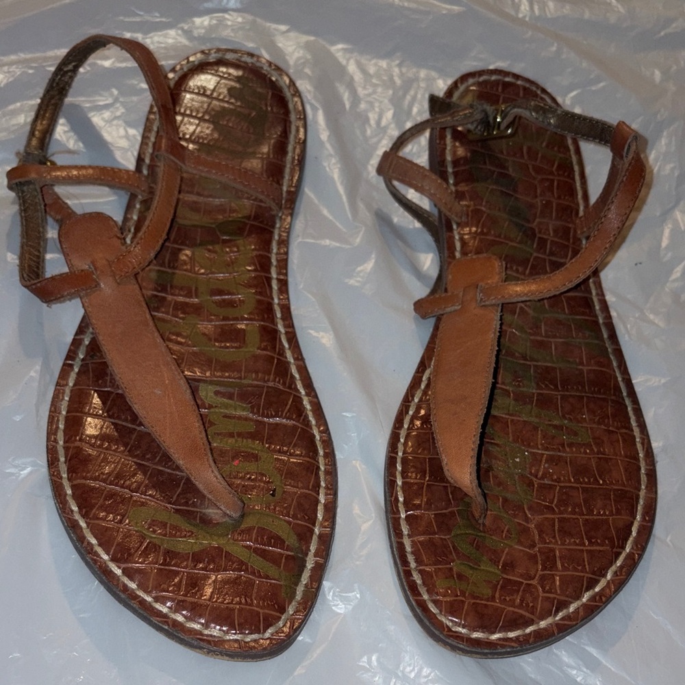 Sam Edelman Brown Leather Croc-Embossed Sandals